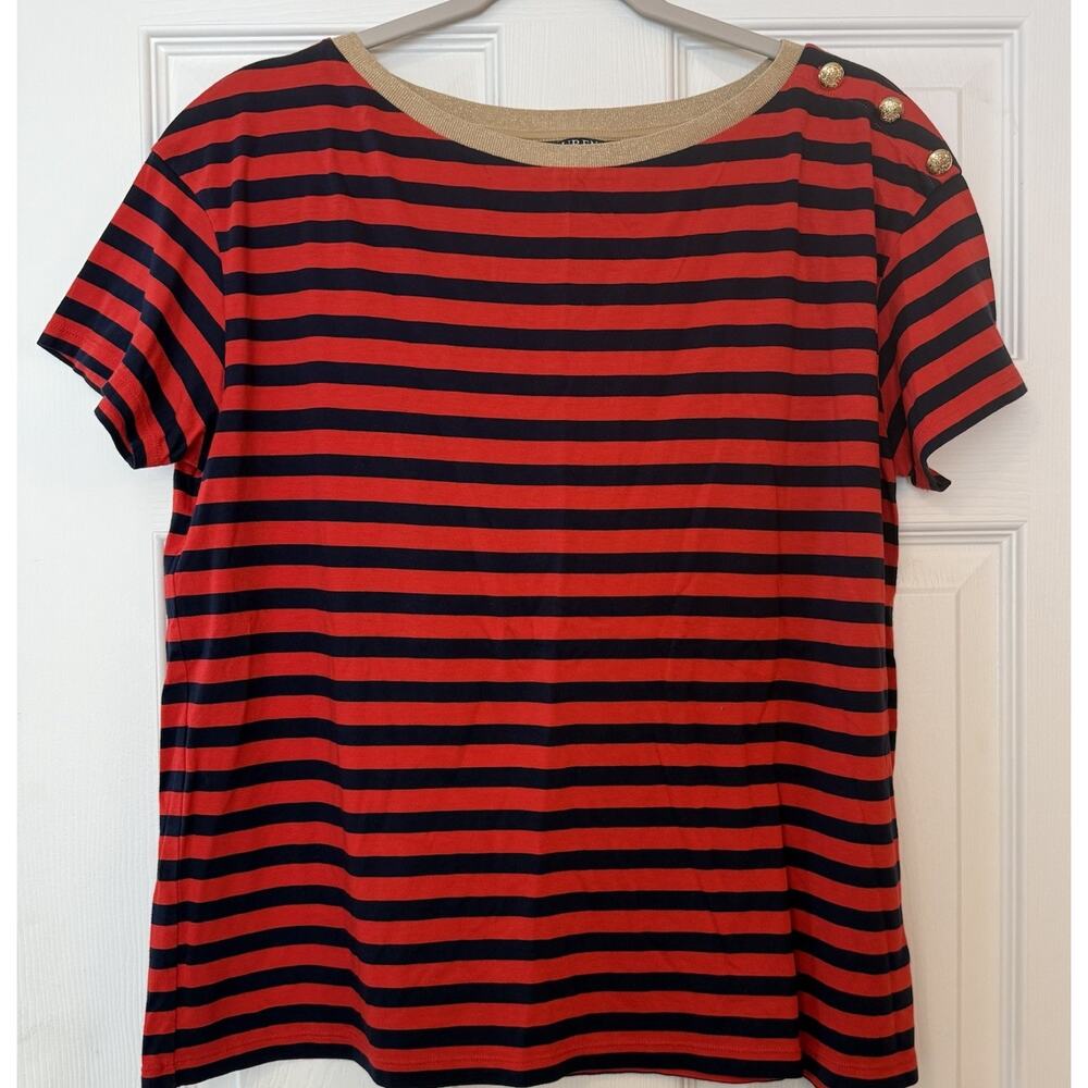 Lauren Ralph Lauren Women’s Top Sz LG Red Navy Stripe‎ Gold Buttons Equestrian